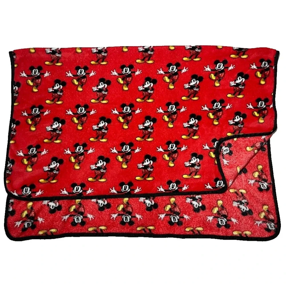 Disney 100 Red Mickey Mouse Fleece Throw Blanket Black Trim Full Body 40x50‎